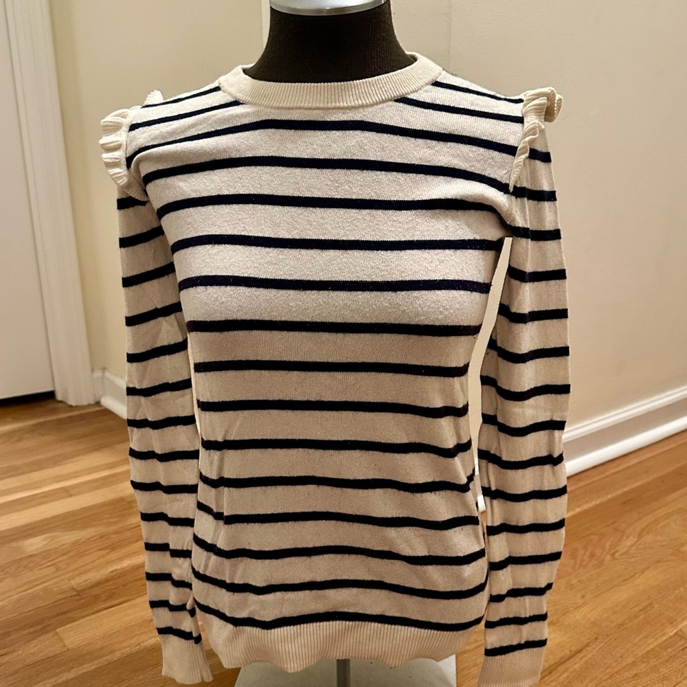J. Crew Sweater Top Women’s XS Navy White Striped Ruffle Long Sleeve